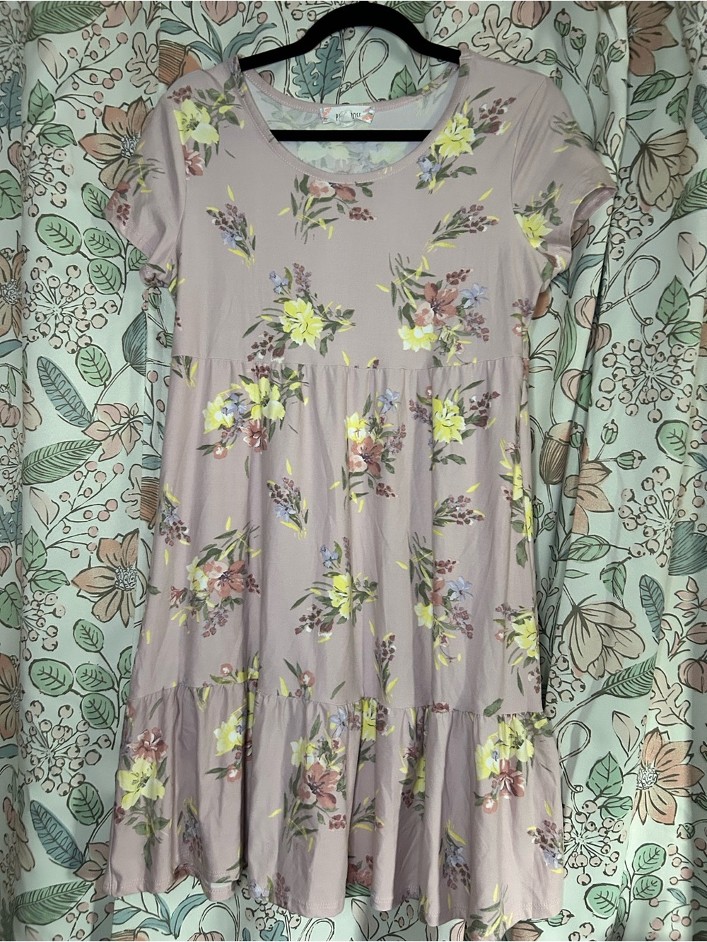 Pink Rose Mauve Floral Short Sleeve Tiered Dress with Yellow Accents